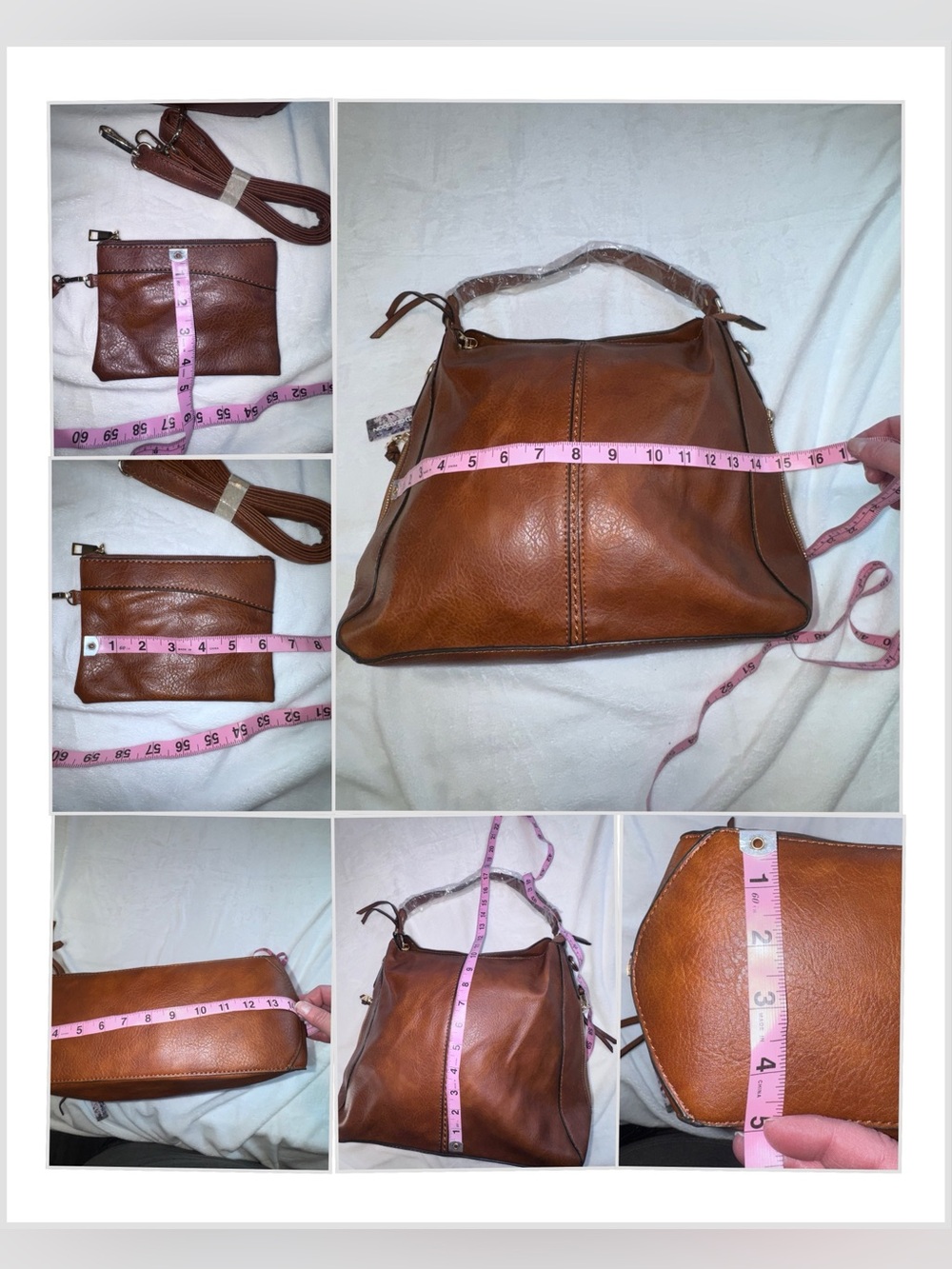 Brown Faux Leather Slouchy Hobo Shoulder Bag NWT Side Pockets Crossbody Strap - Picture 6 of 11